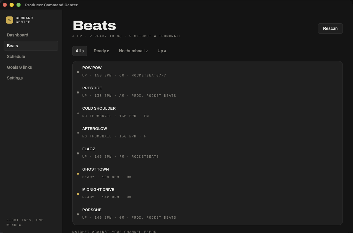 The beats scanner: eight beats read from a folder, each tagged up, ready, or missing a thumbnail, with BPM and key detected from the file name.