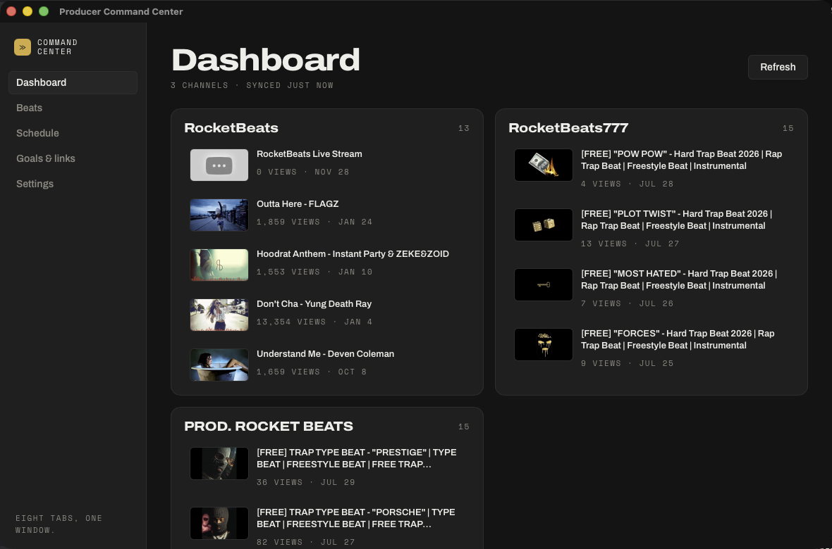 The Command Center dashboard: three YouTube channels side by side with their recent uploads, real view counts and dates.