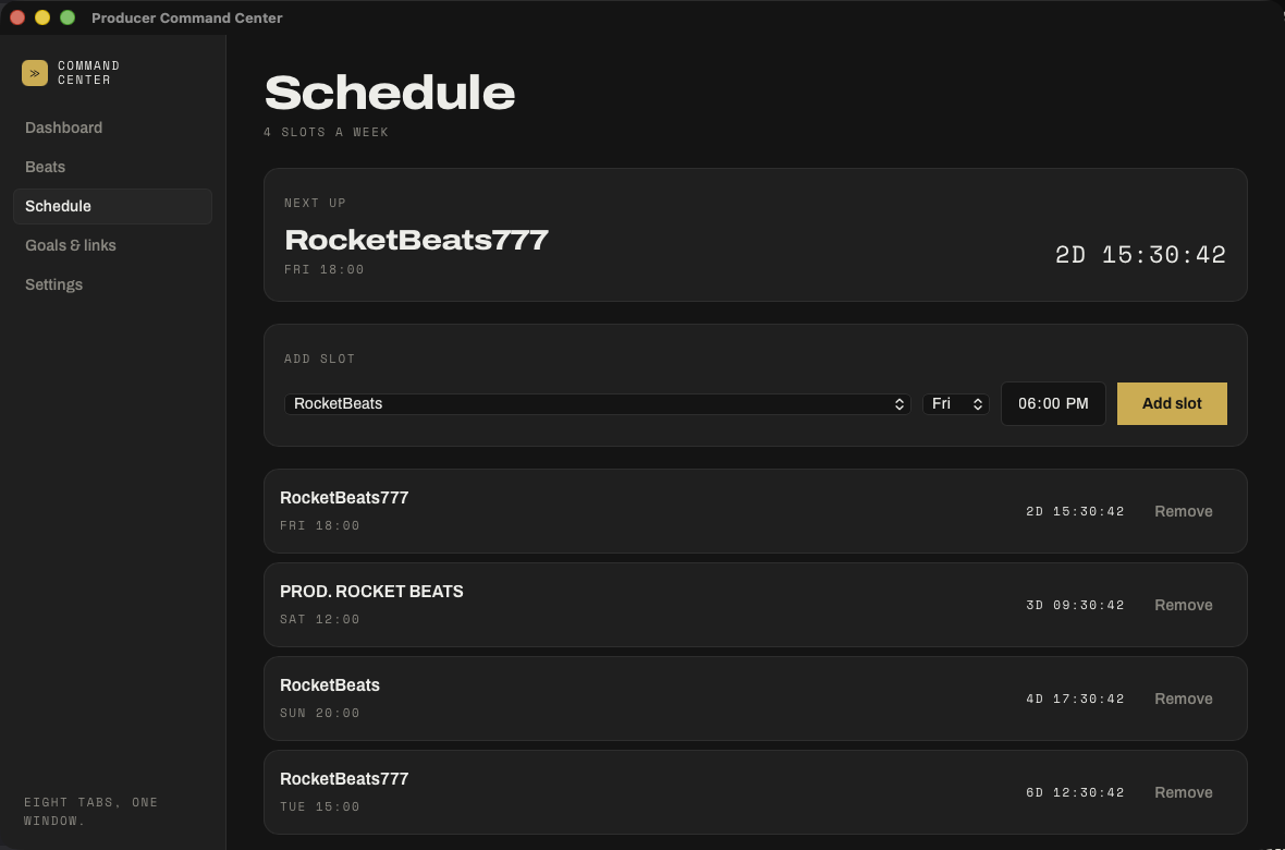 The weekly schedule: four upload slots across the week, each with a live countdown to the next one.